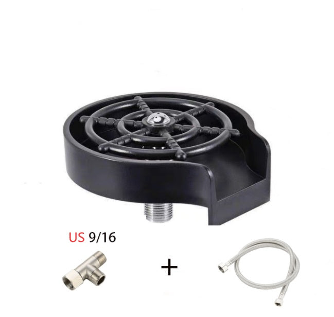 Black mechanical component with a T-shaped fitting and cable on a white background