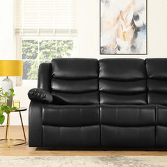 "Milan 3 seater black leather recliner with built-in cup holders for ultimate comfort."