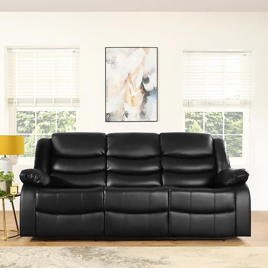 "Comfortable Milan 3 seater leather recliner with padded armrests and cup holders."