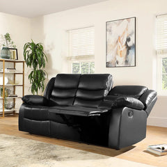 "Black leather Milan 3 seater recliner sofa featuring cup holders and manual recline."