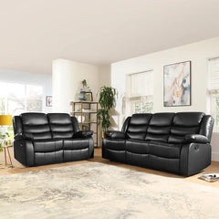 "Elegant black leather recliner combo with 3 and 2 seaters, high back and soft finish."