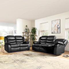 "Black leather reclining sofa suite with 3 and 2 seater combo, manual recline function."