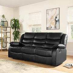 "Modern black leather recliner suite with cup holders and supportive armrest design."