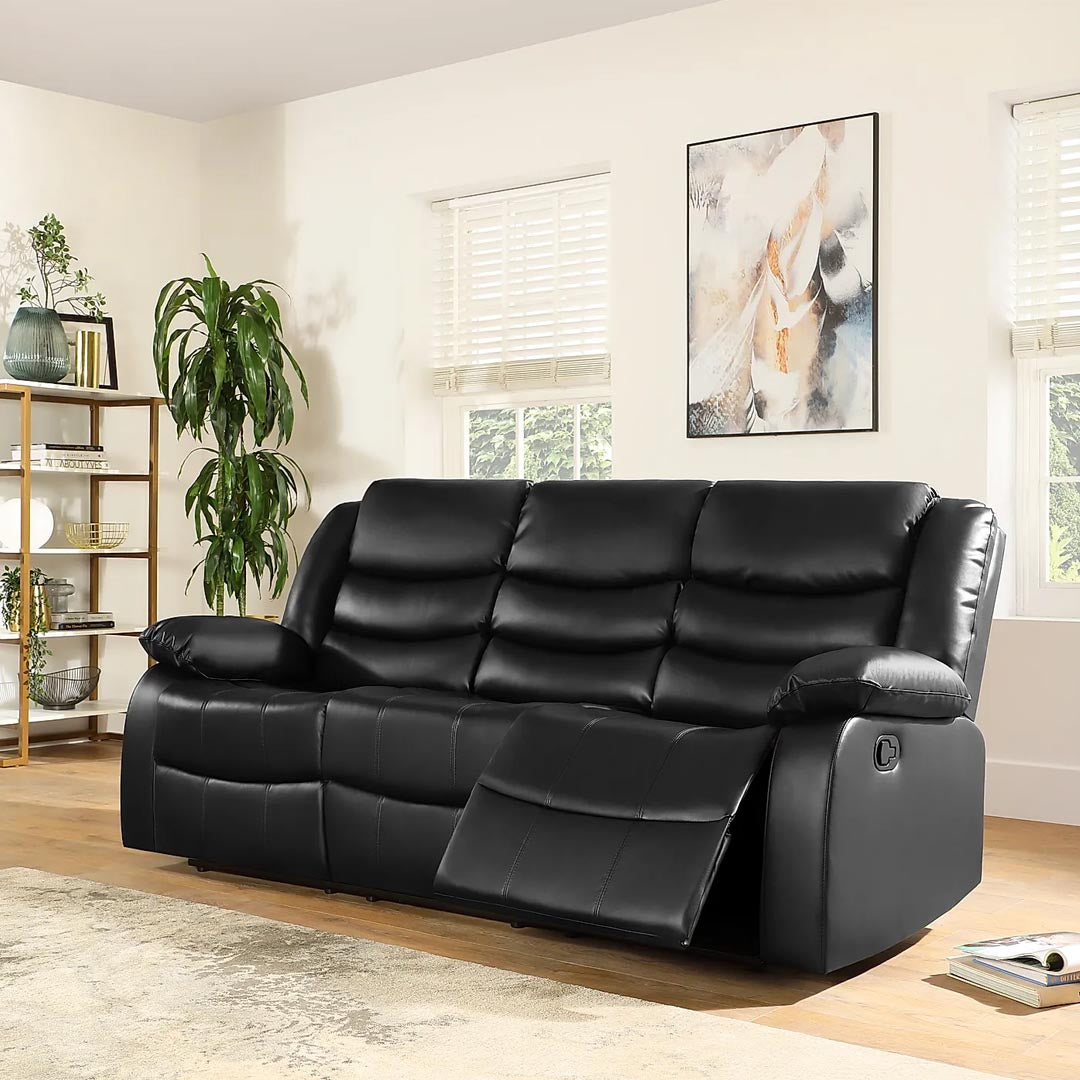 "Comfort-first black 3 leather recliner set with luxurious finish and reclining features."