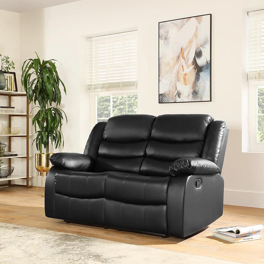 Milan 3+2 Seater Leather Reclining Sofa with Cup Holder, Black - Italy