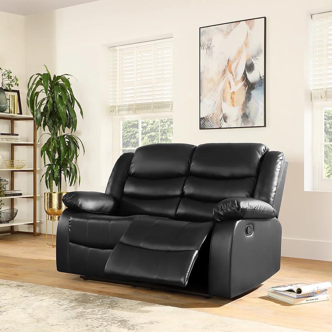 Milan 3+2 Seater Leather Reclining Sofa with Cup Holder, Black - Italy