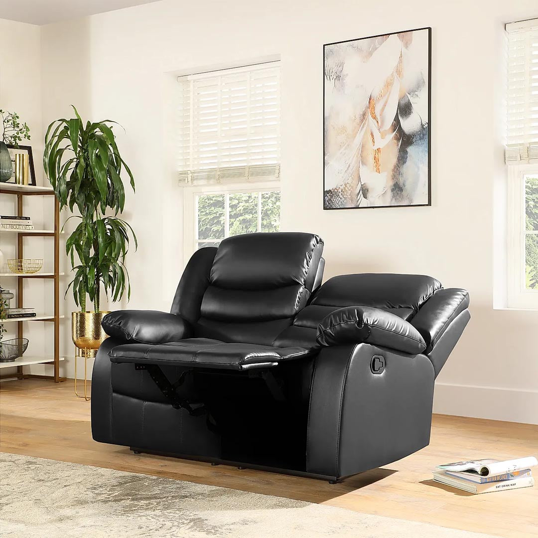 ""Stylish black recliner sofa in 2 seater layout and leather upholstery"