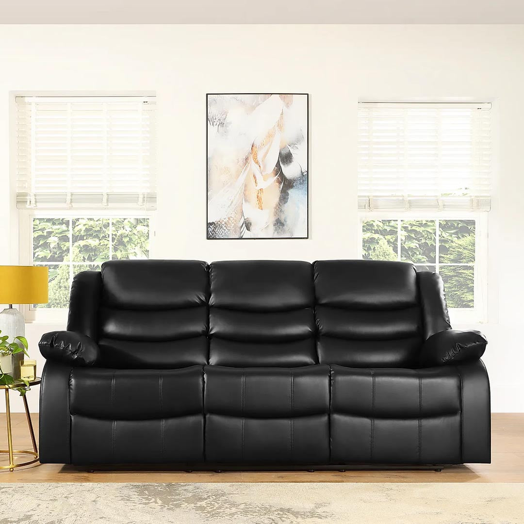 "Two-piece recliner set, black leather 3+2 seating with manual reclining and soft padding."

