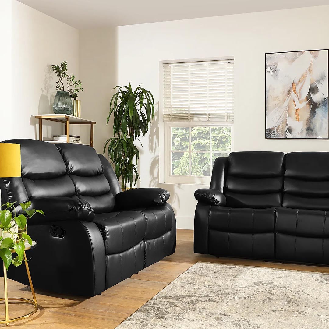 "Luxury black leather 3+2 recliner sofa set with high back support and ergonomic footrests."