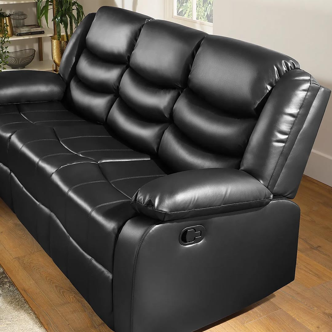 "Comfortable black leather recliner set for living room, 3+2 seater with modern design."