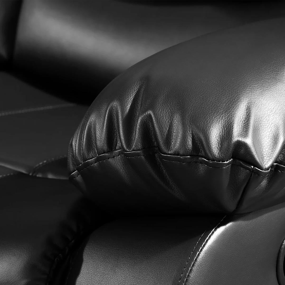 "Milan black leather recliner sofa set with padded armrests."