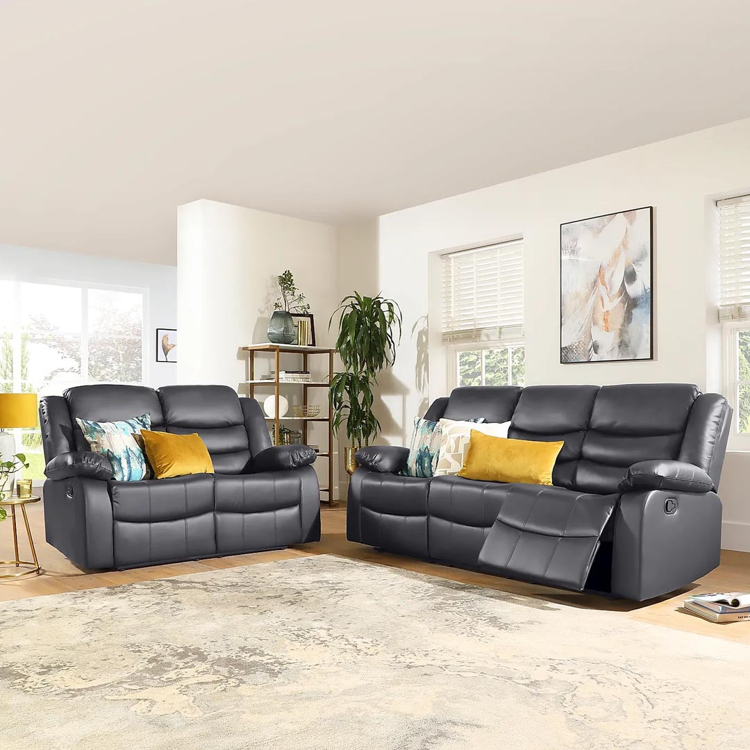 "Milan grey leather recliner sofa set with smooth manual reclining mechanism"