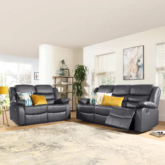 "Milan grey leather recliner sofa set with smooth manual reclining mechanism"