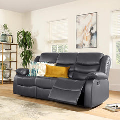 "Milan 3 seater grey leather recliner sofa with drop-down center console and cup holders."