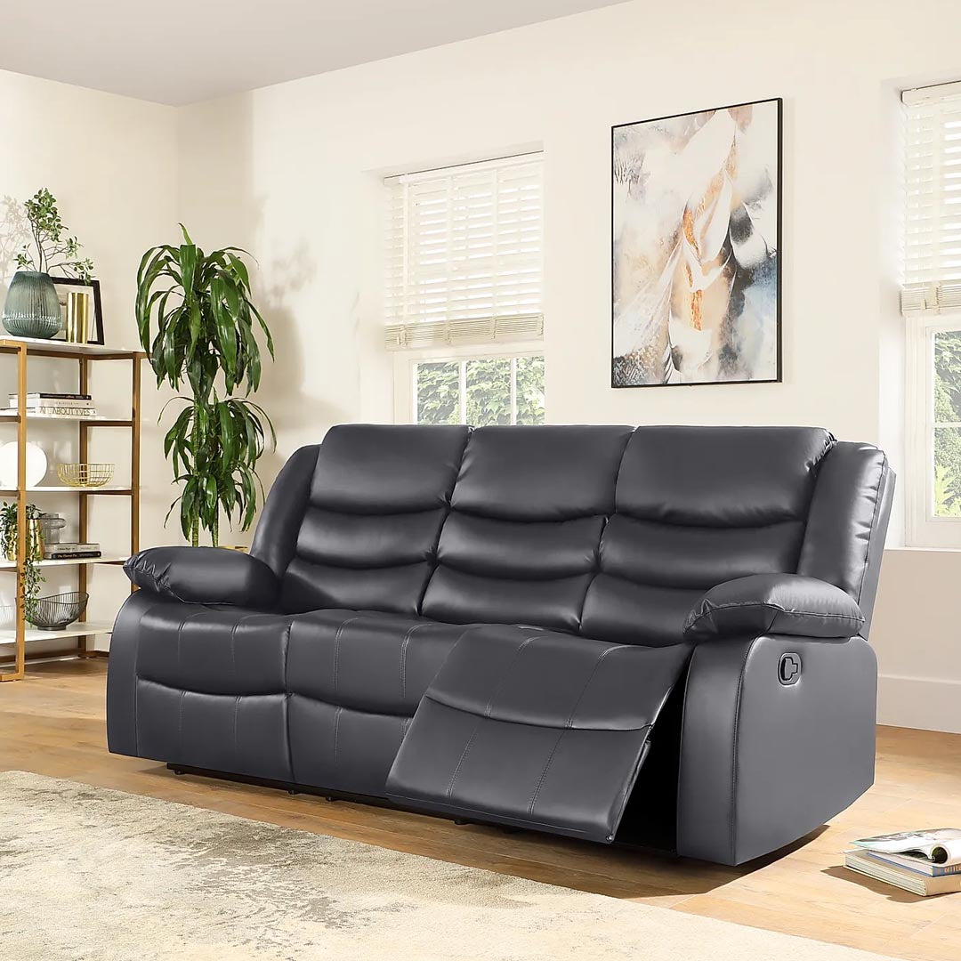 "Durable leather upholstery recliner sofa with easy-to-clean grey finish"