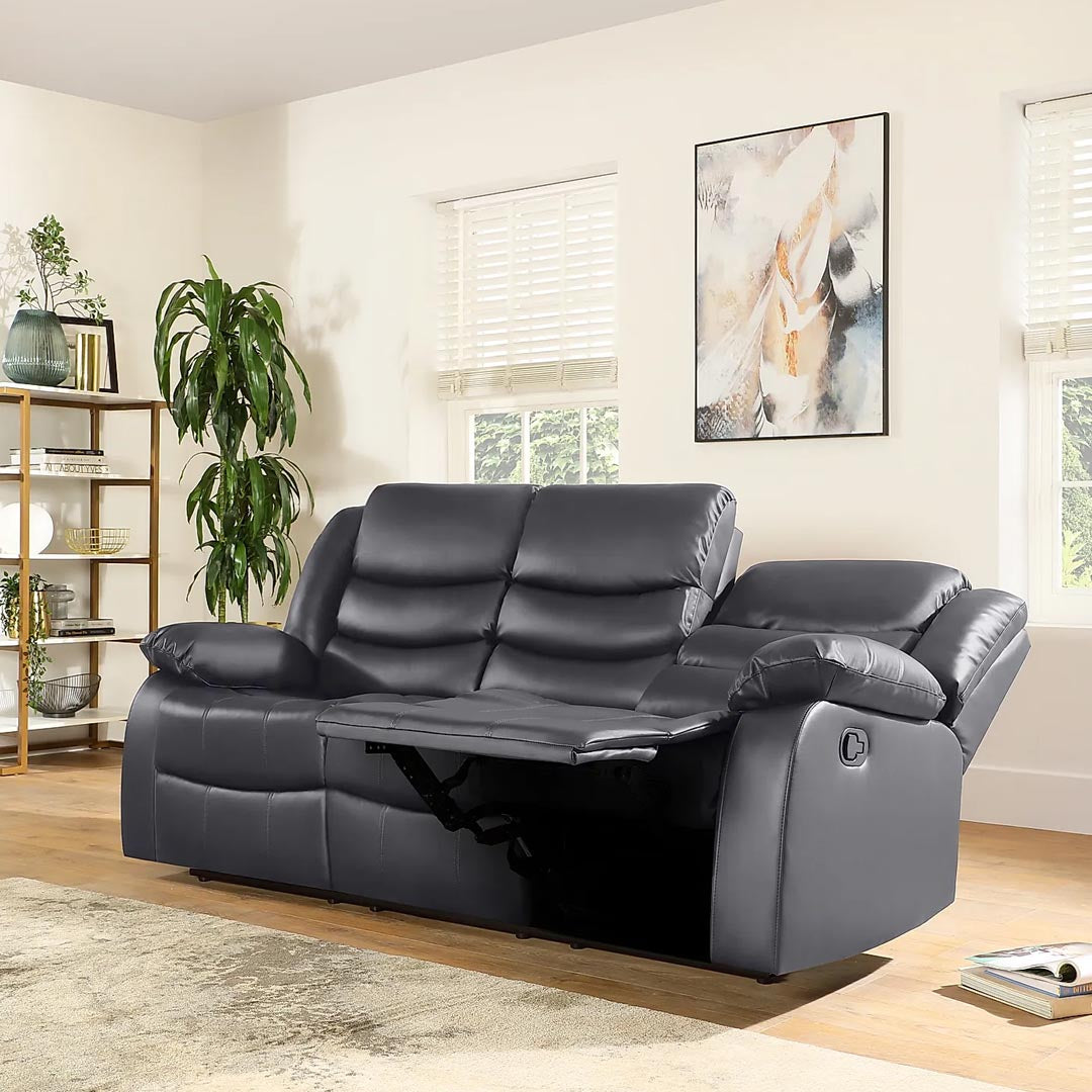 "Cozy grey recliner sofa with ergonomic seating and plush padding"