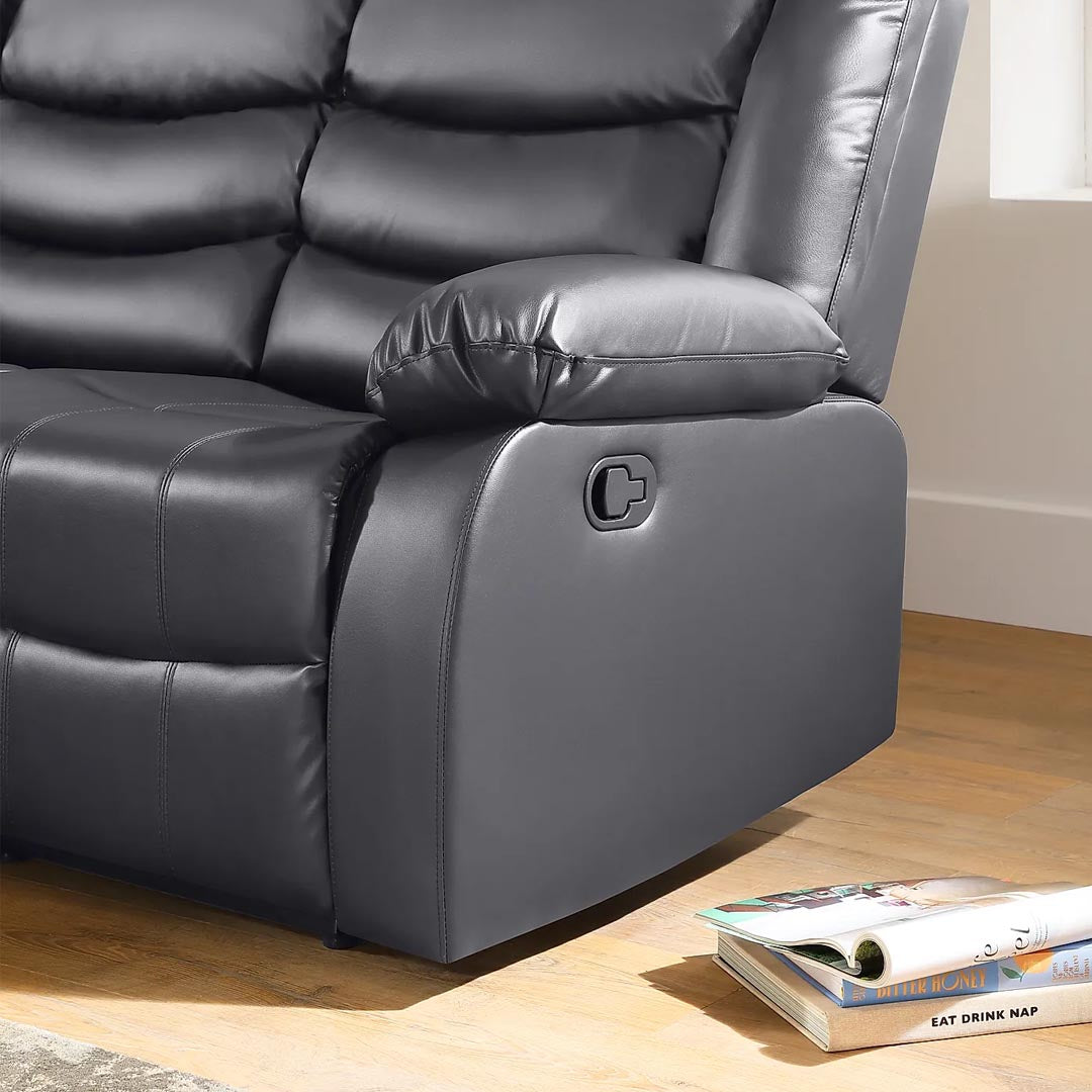"Relax-ready 3 seater recliner with soft padded armrests and deep seating."