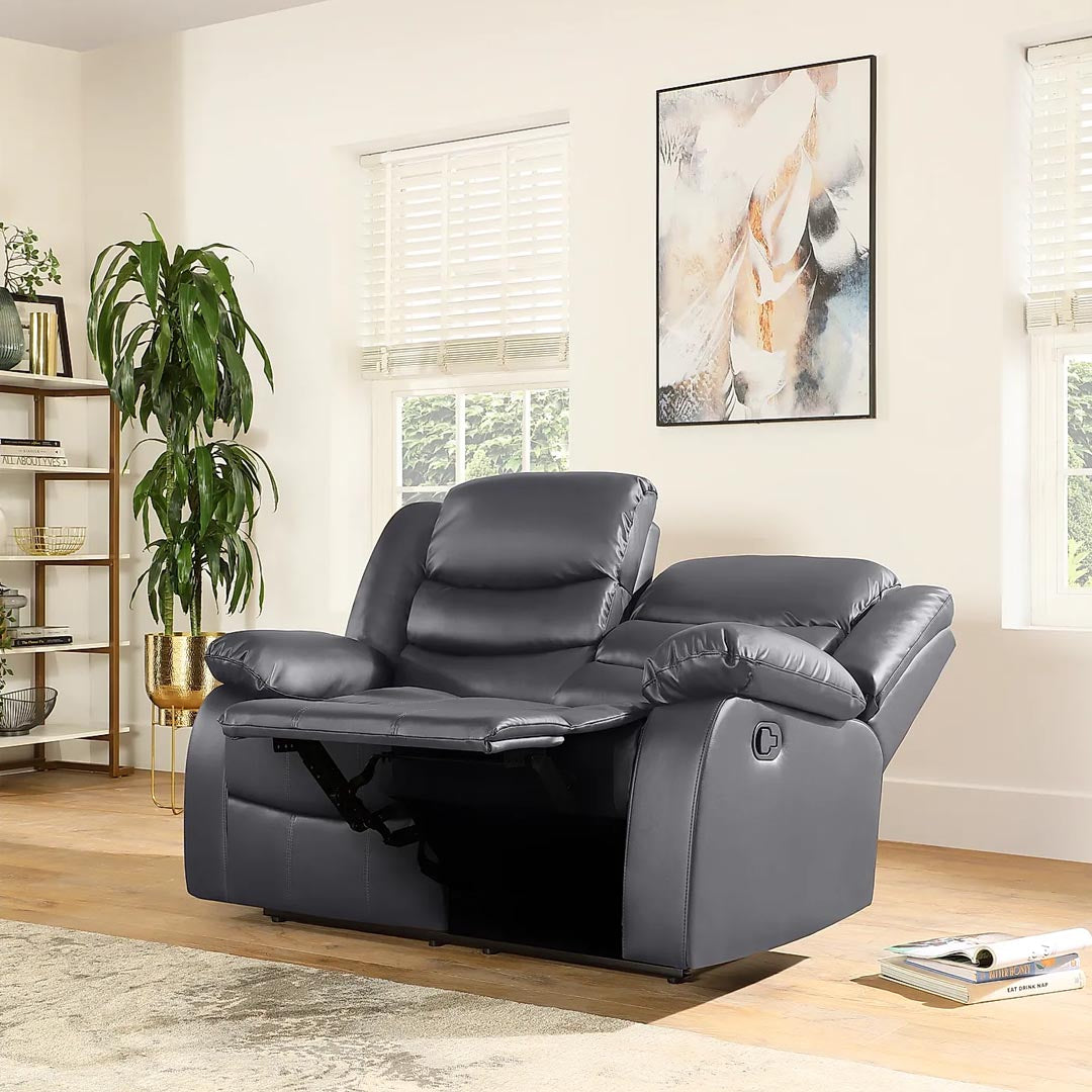 "Space-saving grey leather recliner set for family entertainment rooms"