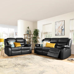 "3+2 seater recliner sofa set with cup holders and ergonomic footrests in modern black leather."