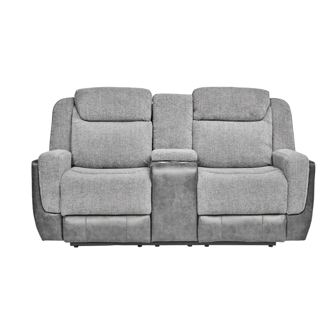 "Soft, durable grey fabric upholstery on Montana recliner sofa set, combining cozy texture with long-lasting wear resistance."