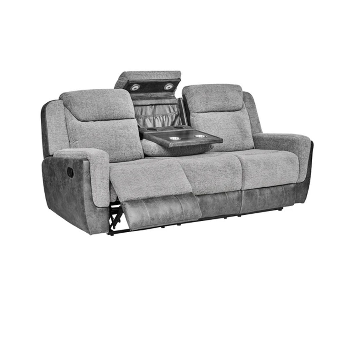"Smart center console with storage and built-in cup holders on the Montana 3-seater, perfect for drinks and remotes during movie nights."
