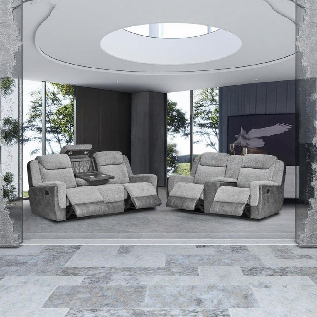 "Montana 3+2 grey fabric recliner sofa set with plush cushioning and classic stitched detailing, ideal for stylish and modern living rooms."