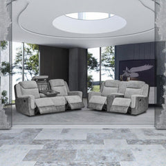 "Montana 3+2 grey fabric recliner sofa set with plush cushioning and classic stitched detailing, ideal for stylish and modern living rooms."