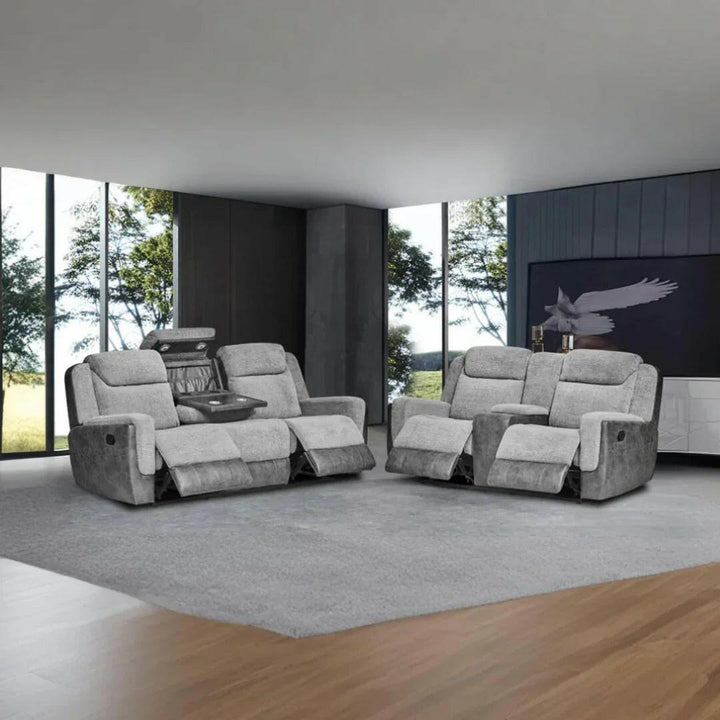 Divano reclinabile in tessuto Montana a 3+2 posti con ricarica USB e wireless, luci LED per portabicchieri – Massimo comfort per l'home cinema - Italia.
