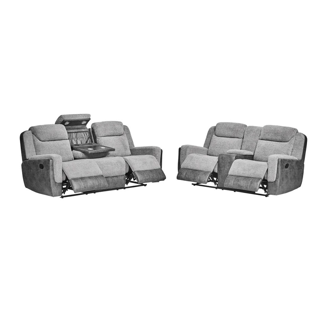 "Montana 3+2 seater recliner sofa arranged in a compact living space, demonstrating space-saving design with full comfort features."