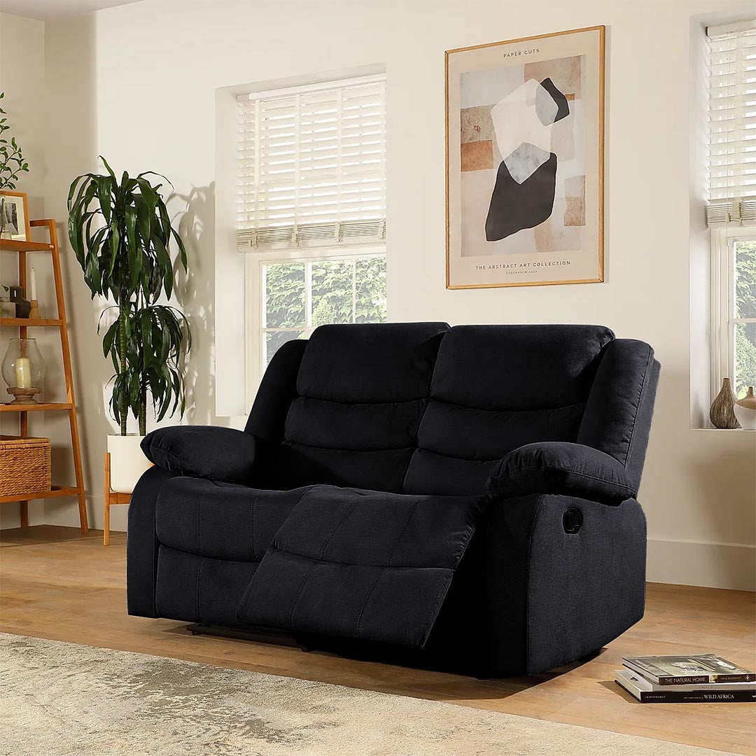 ​"Black fabric reclining sofa with durable design for long-lasting comfort"