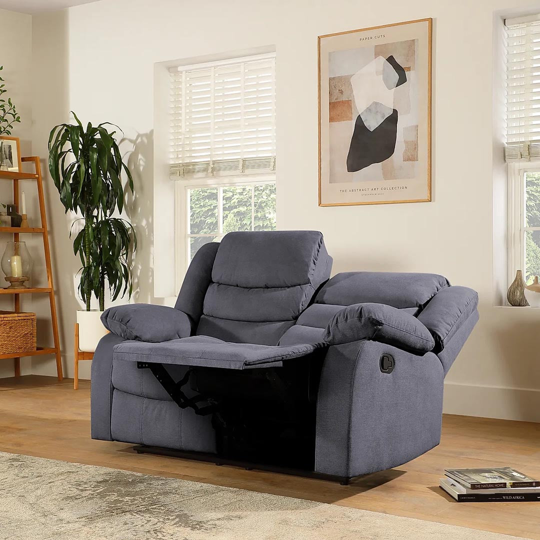 "Modern Pisa 2-seater fabric manual recliner sofa with high back, footrest, and smooth reclining mechanism for ultimate cozy seating."