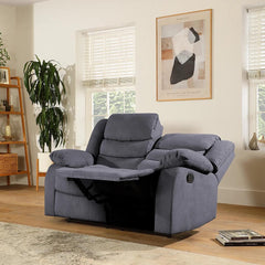 "Modern Pisa 2-seater fabric manual recliner sofa with high back, footrest, and smooth reclining mechanism for ultimate cozy seating."