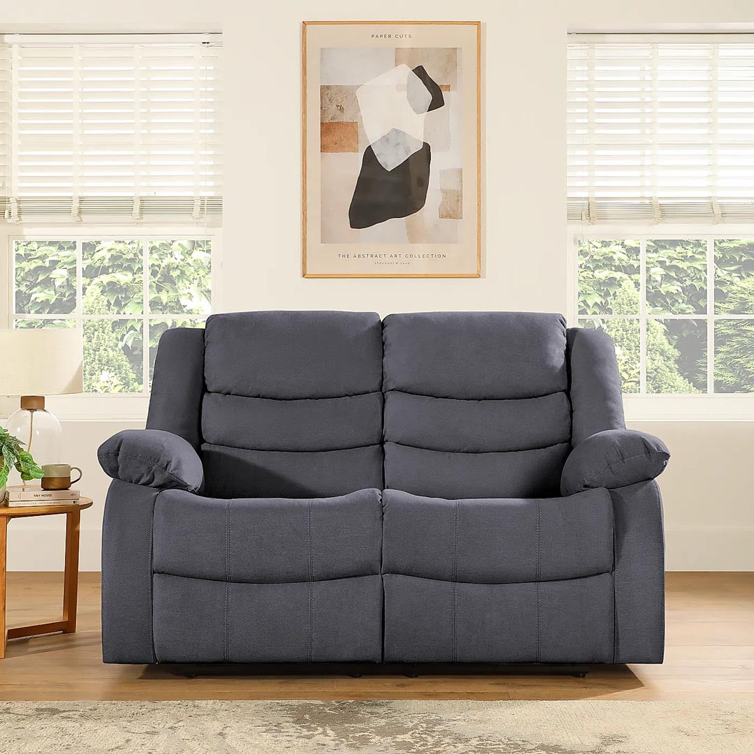 "Pisa 2-seater grey fabric manual recliner sofa with footrest and high back, now available at discounted price for a limited time."