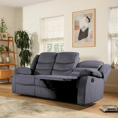 "Comfortable 3-seater grey fabric recliner sofa featuring cup holder, ergonomic reclining footrest, and high back design for a sleek and cozy lounge."