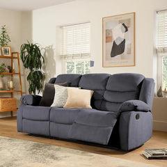 "3-seater fabric recliner sofa with cup holder and reclining footrest, featuring ergonomic design and modern grey fabric perfect for a cozy living room."