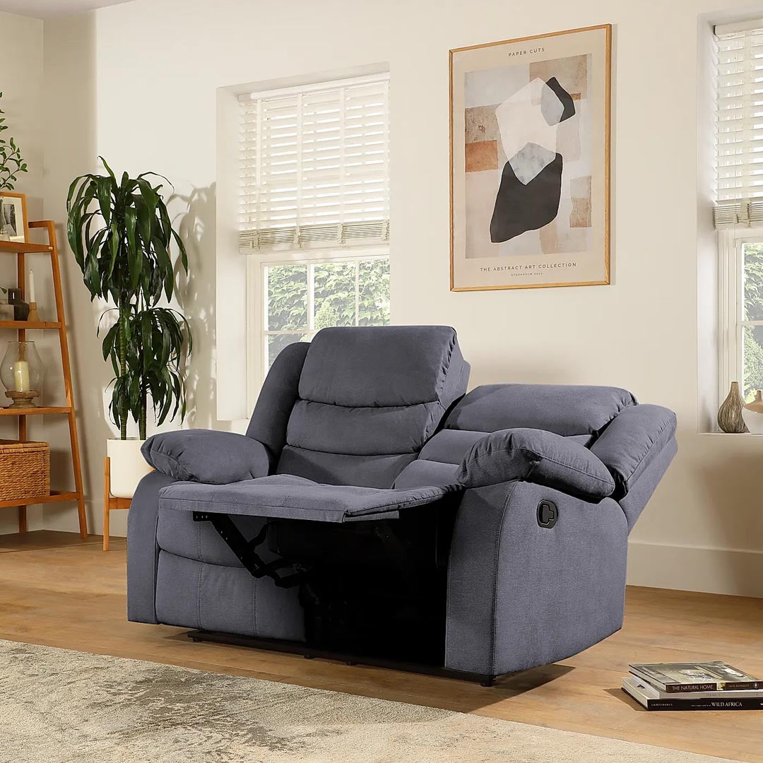 "Modern Pisa 2-seater recliner sofa in grey fabric with footrest, high back support, and manual reclining mechanism."
