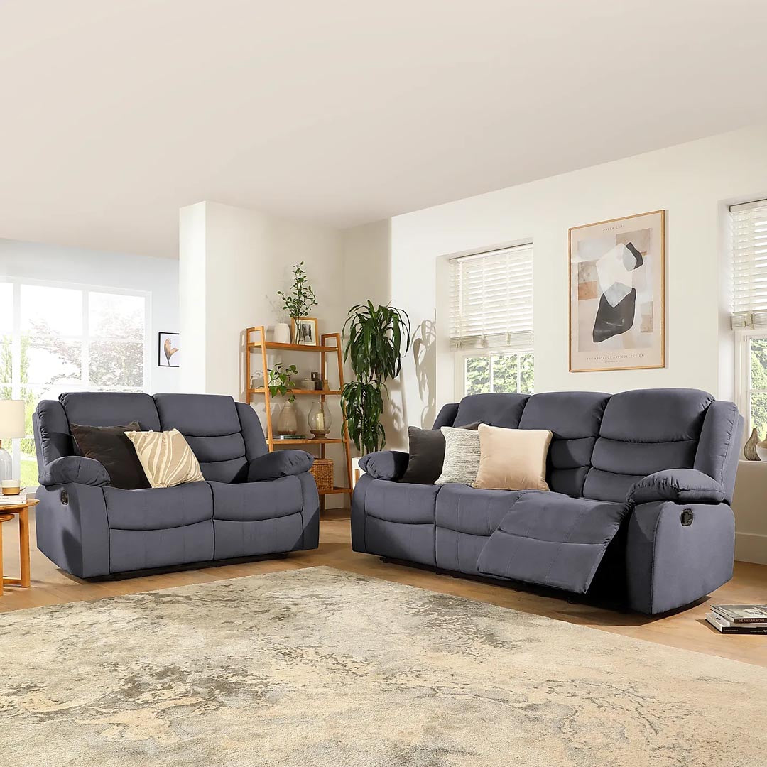 "Pisa fabric recliner sofa set 3+2 seater in grey, modern living room furniture with comfortable reclining seats."