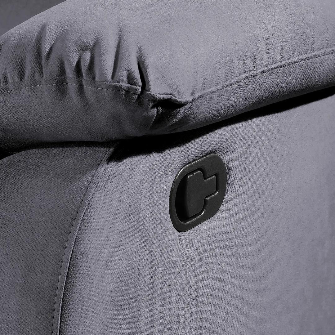 "Pisa 3+2-seater grey fabric recliner sofa, comfy seating with high back, footrest, and manual recliner mechanism, perfect for cozy living room setups."