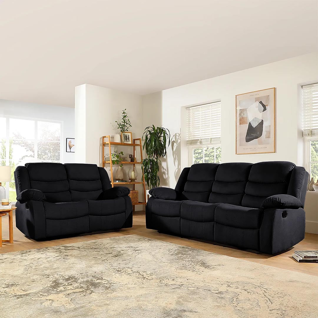 "Modern black fabric recliner sofa with adjustable footrest and padded armrests"