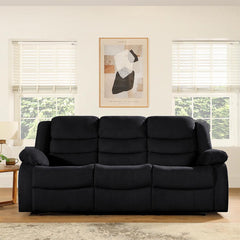 ​"Tobias-style black reclining sofa 3_seater showcasing modern design and cup holder section drop down"