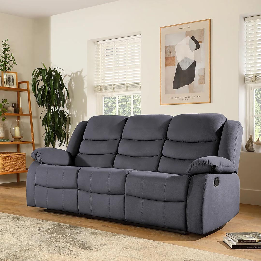 "Grey Pisa fabric recliner sofa suite, 3-seater with cup holder tray in center drop-down"