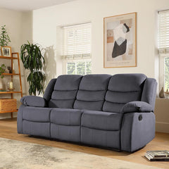"Grey Pisa fabric recliner sofa suite, 3-seater with cup holder tray in center drop-down"