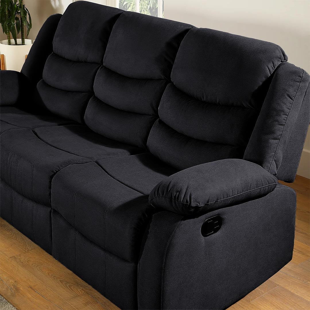 "​Italian-inspired black reclining sofa with sleek design and adjustable features"