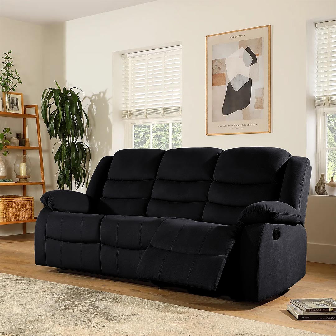 ​"Durable black fabric  italian reclining sofa offering timeless style and comfort"