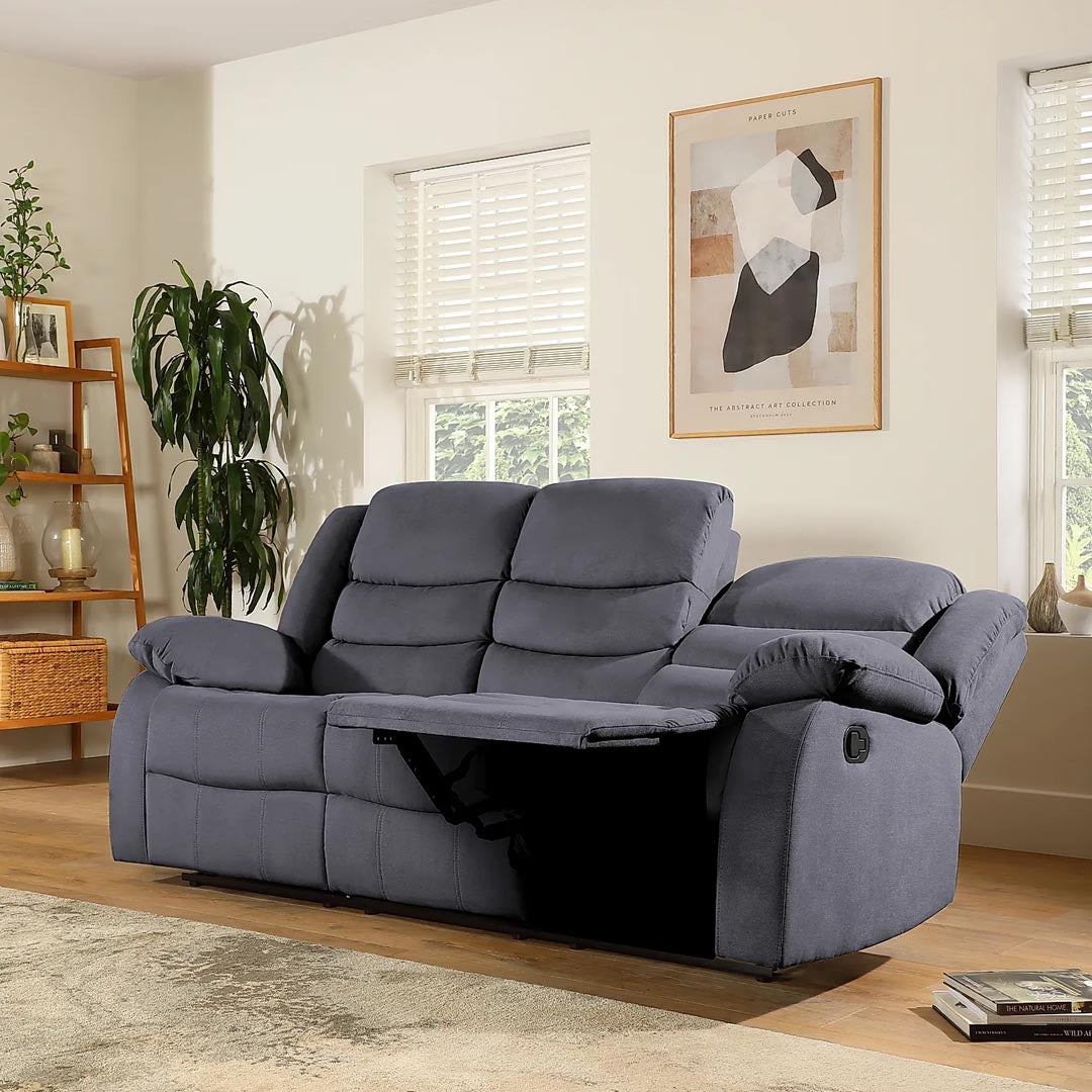Pisa 3+2 grey fabric recliner sofa set with manual recline, high back, footrest, and center drop-down tray with cup holders in the 3-seater."