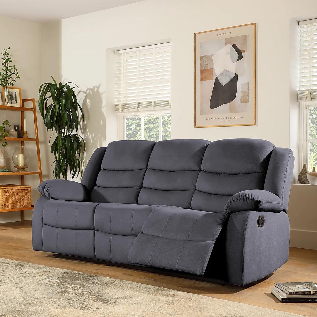 "Comfortable Pisa recliner suite in grey fabric, 3seater sofa designed for modern living rooms."