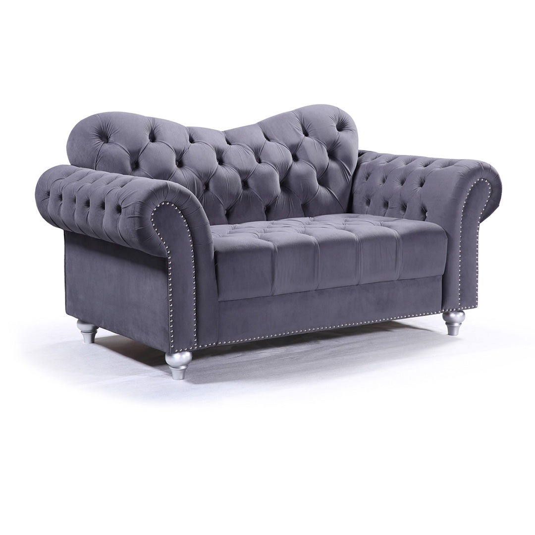 "Dark grey 2 seater elegance sofa with tufted button backrest and compact modern design"
