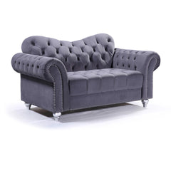 "Dark grey 2 seater elegance sofa with tufted button backrest and compact modern design"