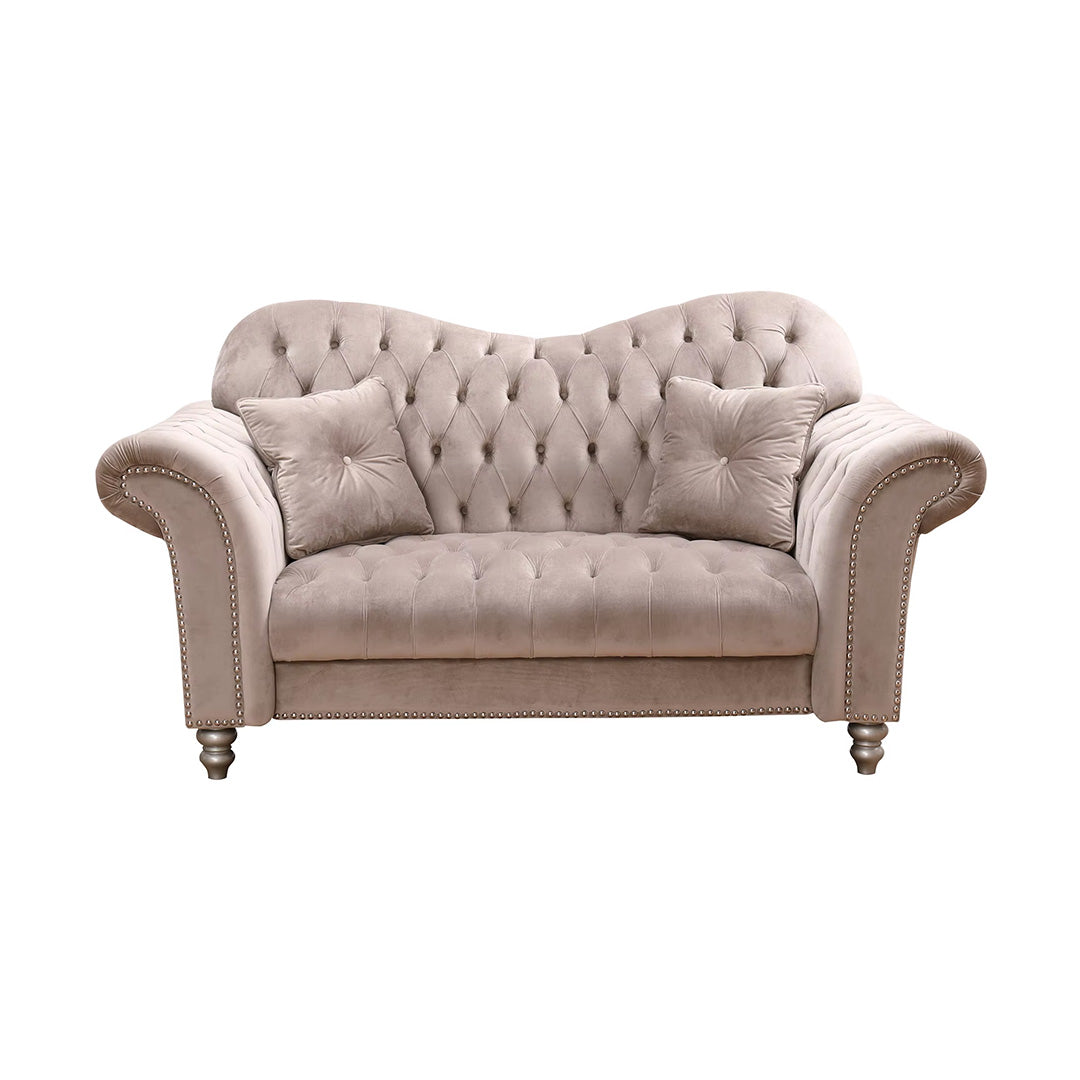 "Inviting beige velvet chesterfield sofa set with sturdy frame and luxurious finish for upscale interiors"