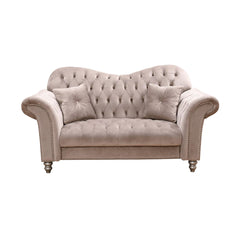 "Inviting beige velvet chesterfield sofa set with sturdy frame and luxurious finish for upscale interiors"